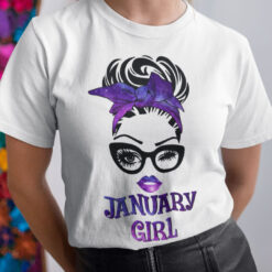 January Birthday Girl T Shirt Black Glasses Purple Headband
